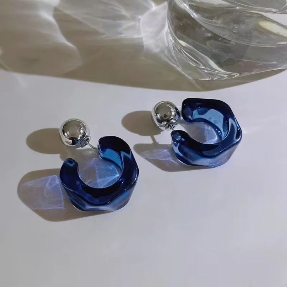 Elegant Blue Hoop Earrings 2 way lucite blue silver ball post style - Picture 4 of 4